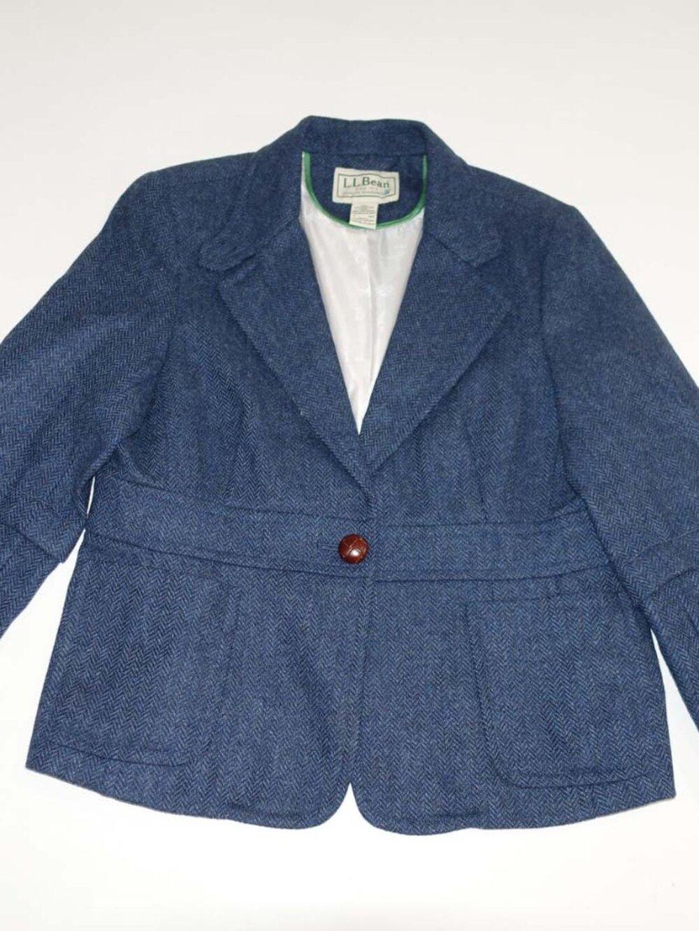 L.L. Bean Women's Herringbone Tweed Blazer Jacket Size 16 Blue Shetland Wool